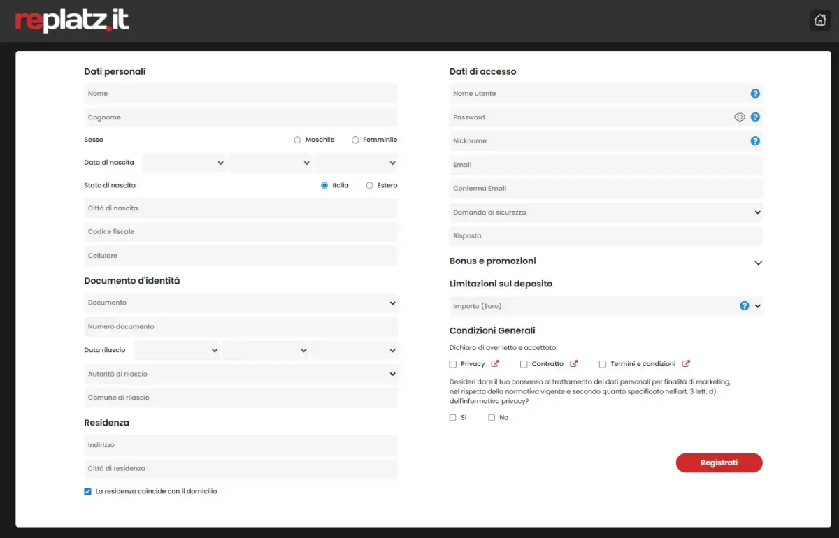 Schermata di registrazione Replatz